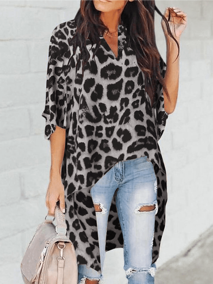 Women Leopard Print Irregular Hem V-Neck Casual Blouse - MRSLM