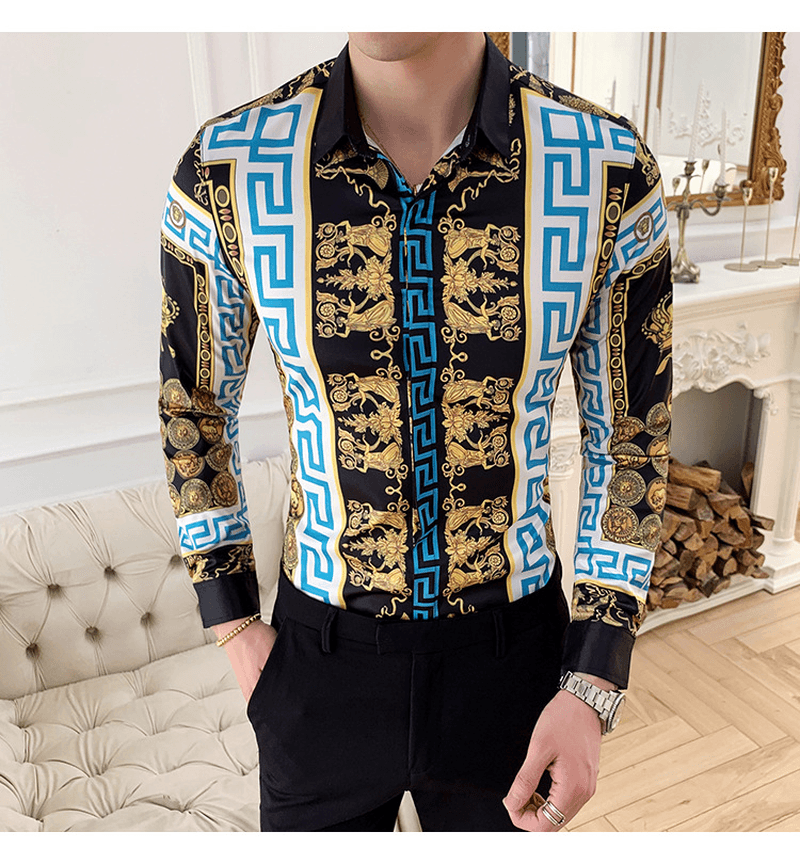 Spring and Autumn Men'S Long Sleeve Shirt Korean Slim Shirt Men'S Social Youth Flower Shirt Men - MRSLM