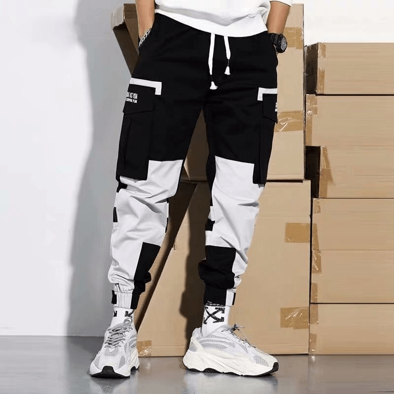 Stitching Contrast Color Hip-Hop Overalls Men'S Trend Loose and Wild Tie-Footed National Tide Casual Harem Pants - MRSLM