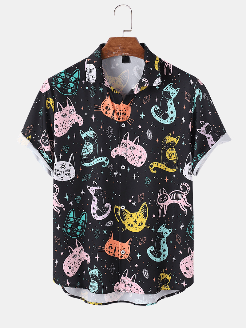 Mens Colorful Cartoon Cat Print Lapel Short Sleeve Shirt - MRSLM