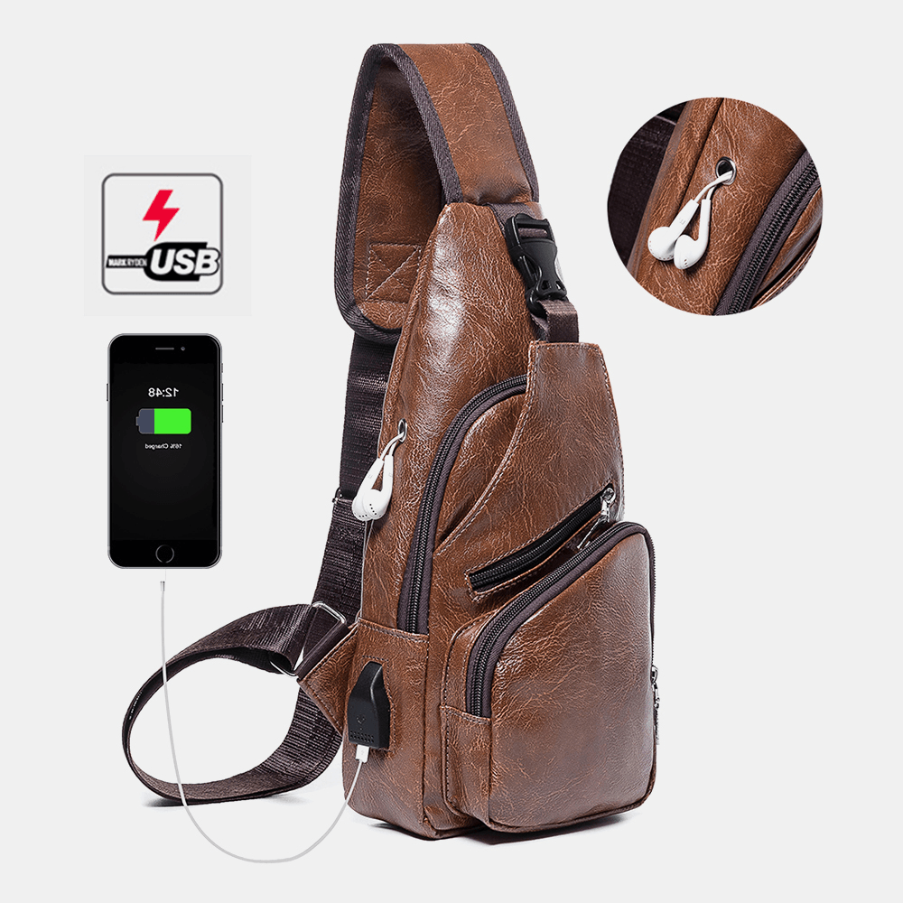 Men Casual Resistant Waterproof Anti-Theft Chest Bag Headphone Hole USB Charging Port Design Multi-Pocket Travel Daypack Shoulder Bag - MRSLM