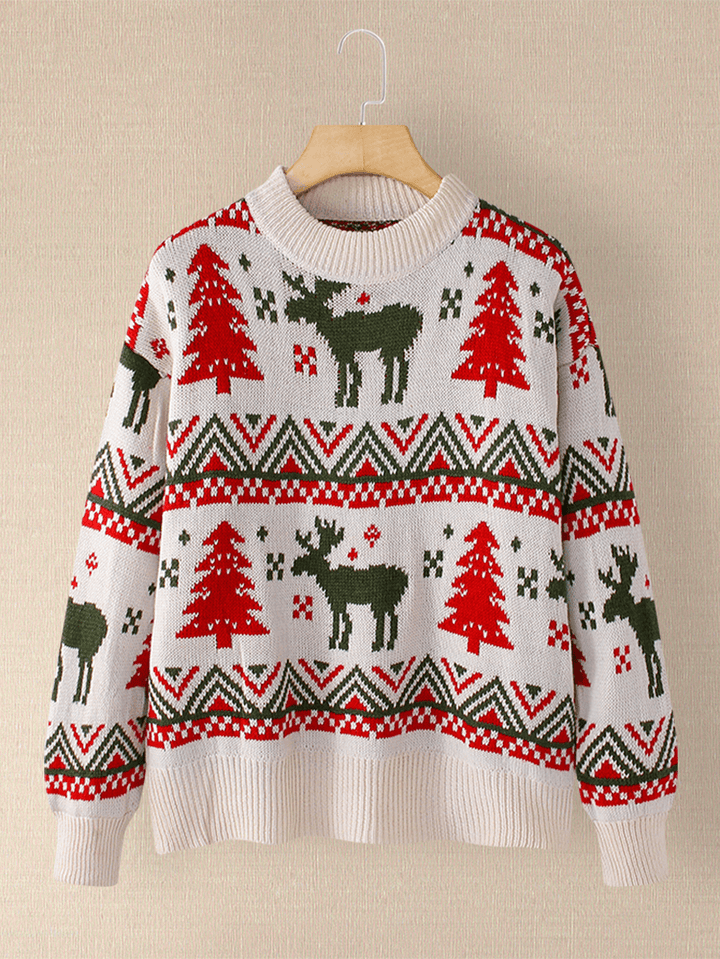 Women Christmas Pattern Print Crew Neck Thick Warm Casual Knitted Sweater - MRSLM