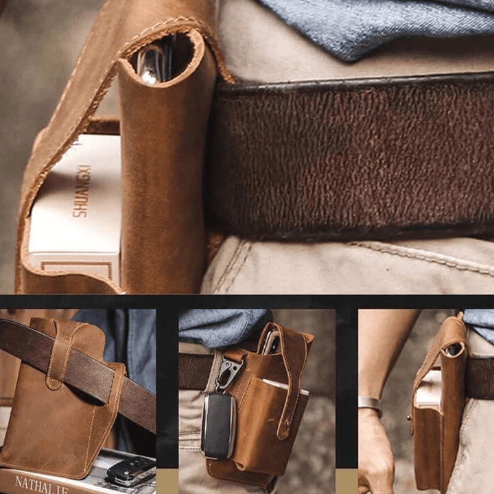 Ekphero Men Genuine Leather Vintage 6.3 Inch Phone Bag Multifunction Keychain Cowhide Waist Bag - MRSLM