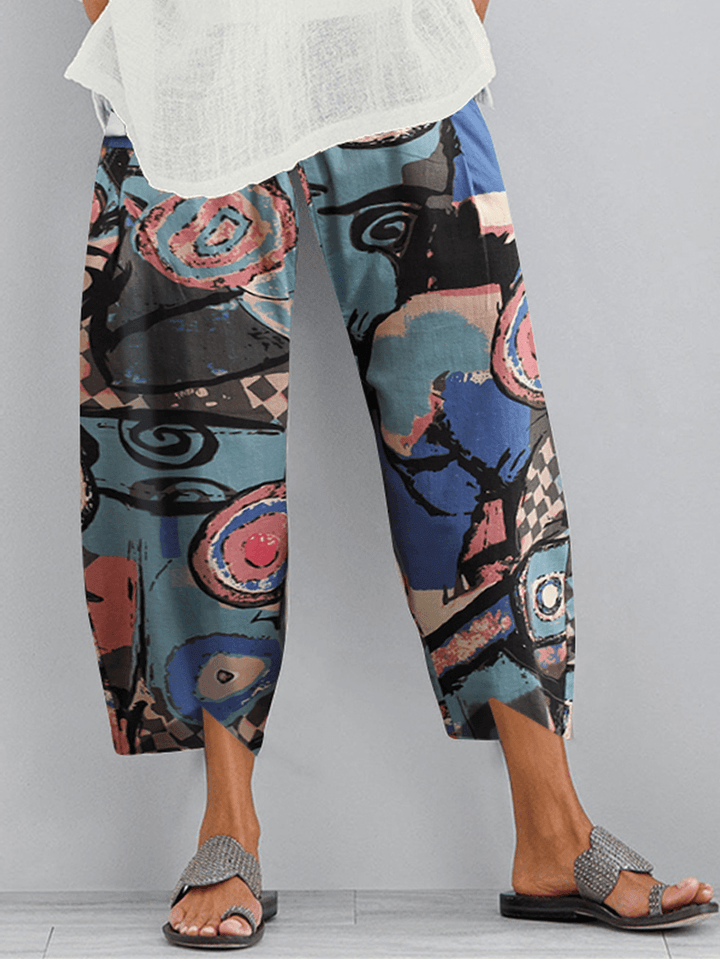 Retro Graffiti Printed Elastic Waist Loose Irregular Hem Casual Pants for Women - MRSLM