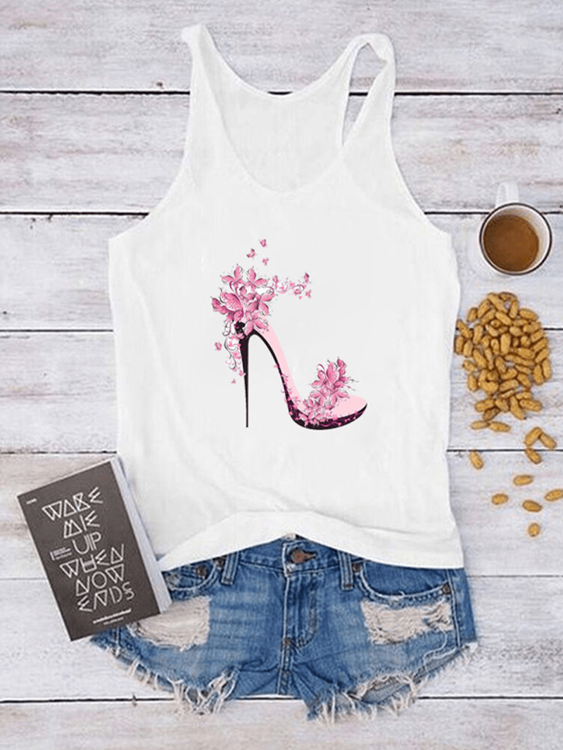 High Heels Flower Print Sleeveless Loose Casual Tank Tops for Women - MRSLM