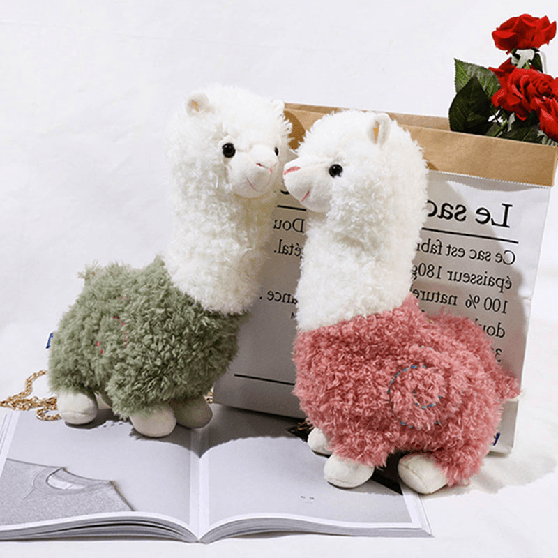 Women Lamb Wool Cute Cartoon 3D Alpaca Shape Soft Creative Small Shoulder Bag Crossbody Bag with Chain - MRSLM