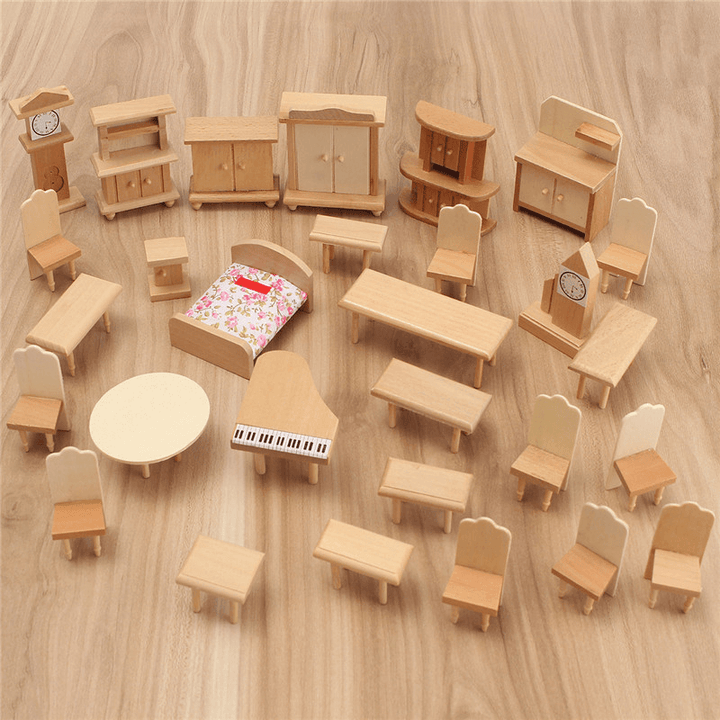 New 29 Pcs 1:24 Scale Dollhouse Miniature Unpainted Wooden Furniture Model Suite - MRSLM