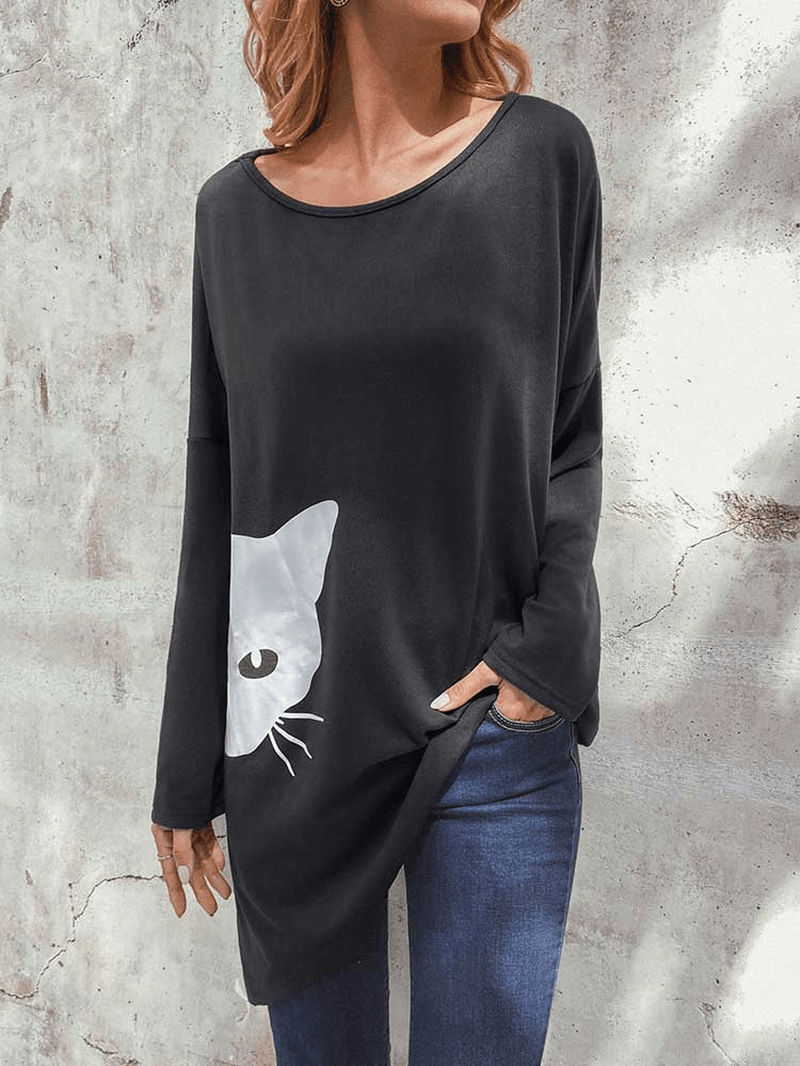 Irregular Cartoon Cat Print Long Sleeve Splited Blouse - MRSLM