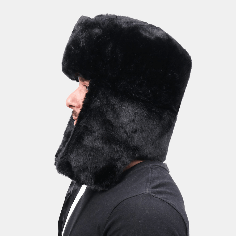 Men Plush Metal Badge Warm Windproof Ear Protection Trapper Hat Winter Outdoor Cold-Proof Ushanka Hat - MRSLM