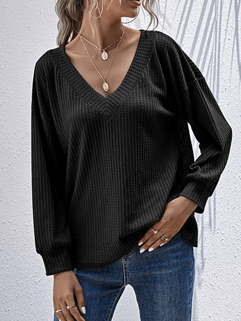 Women Texture Knit V-Neck Pure Color Long Sleeve Plain Sweaters - MRSLM