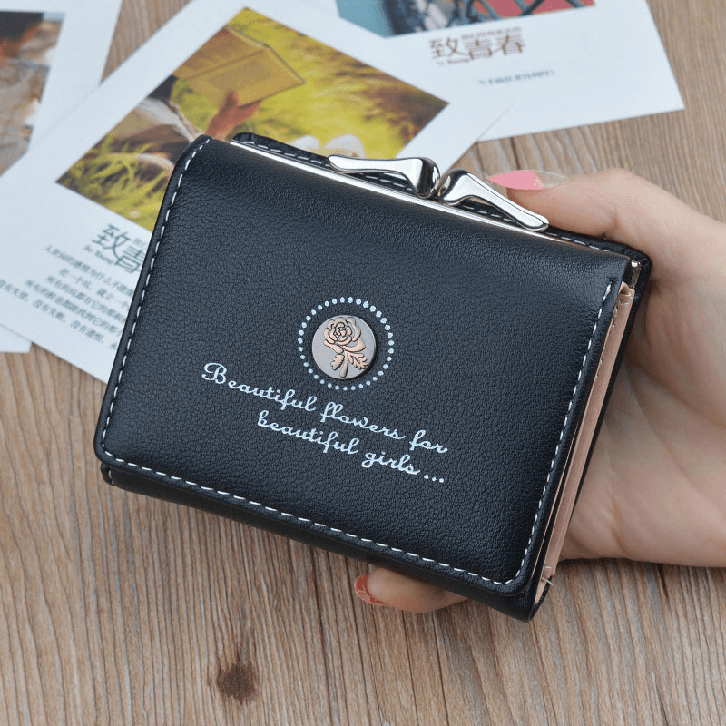 Women PU Leather Floral Clutch Short Solid Buckle Ladies Wallet Mini Portable Credit Card Purse - MRSLM