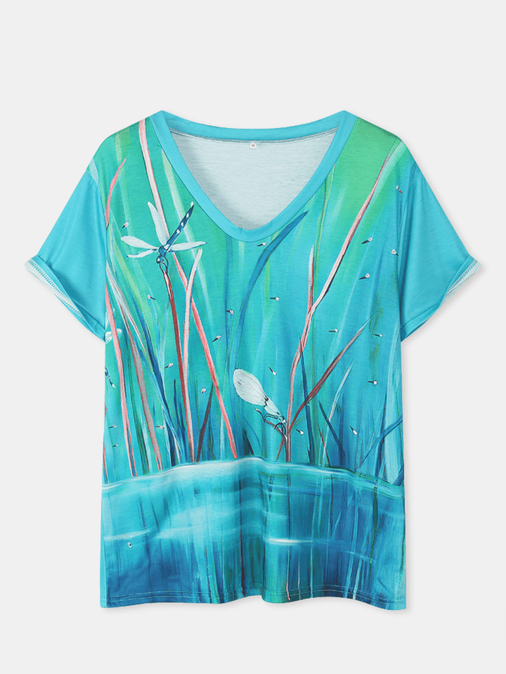 Women Dragonfly Plant Print V-Neck Leisure Short Sleeve T-Shirt - MRSLM