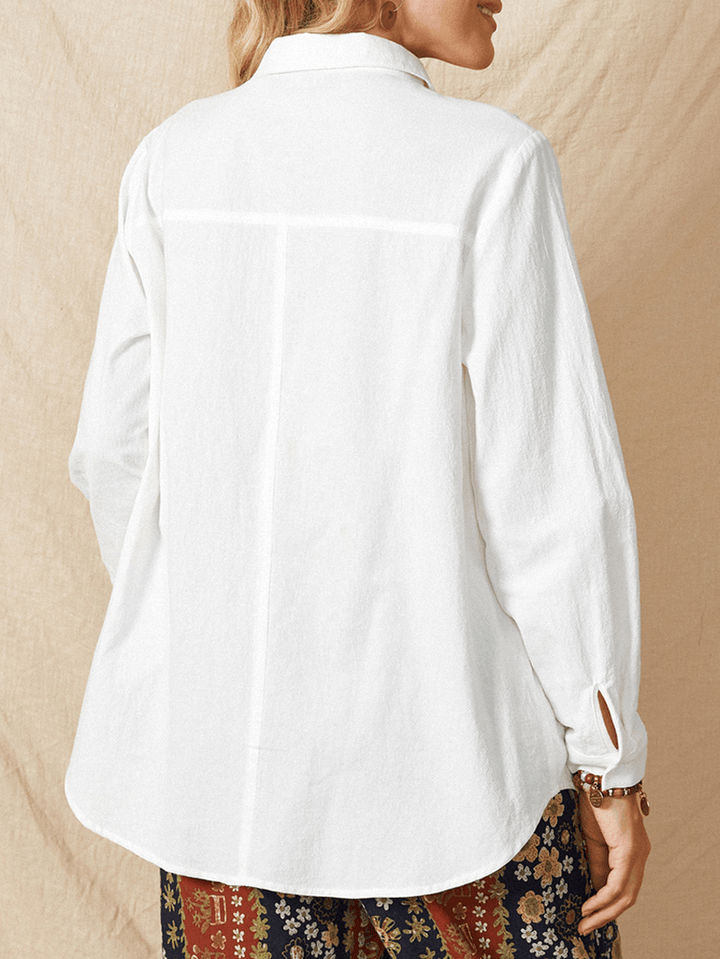 Women White Lapel Ethnic Embroidery Daily Casual Long Sleeve Shirts - MRSLM