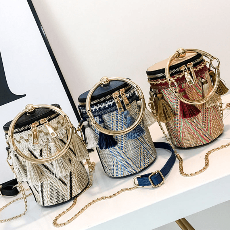 Women Summer Tassel Chains Straw Handbag Crossbody Bag Shoulder Bag - MRSLM