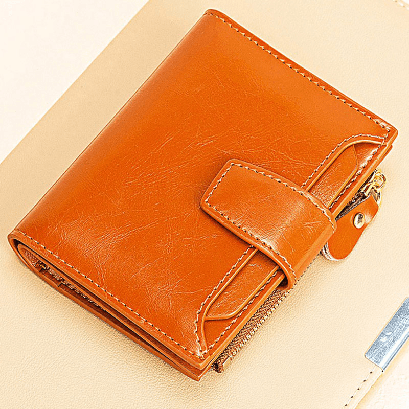 Women Genuine Leather Bifold Short RRFID Anti-Magnetic Wallet 17 Card Slot Card Case Coin Purse - MRSLM