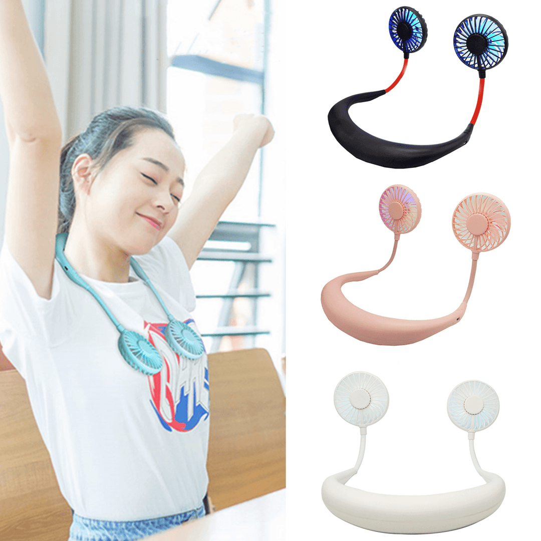 7 Blades USB Lazy Neckband Fan Mini Dual Cooling Desktop Fan with LED Colorful Light Sports Travel - MRSLM