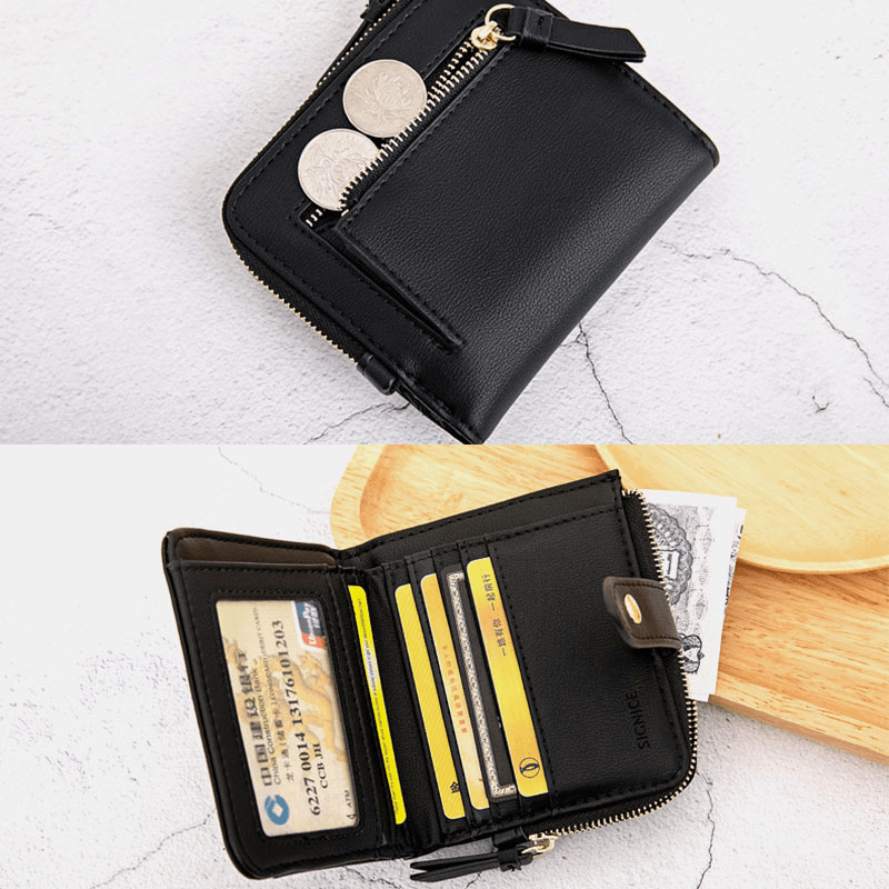 Women PU Leather Bifold Hasp Multi-Card Slot Retro Short Card Holder Clutch Wallets with Wrist Strap - MRSLM