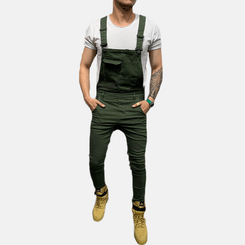 Men Solid Color Big Pocket Retro Denim Pants Jumpsuit - MRSLM