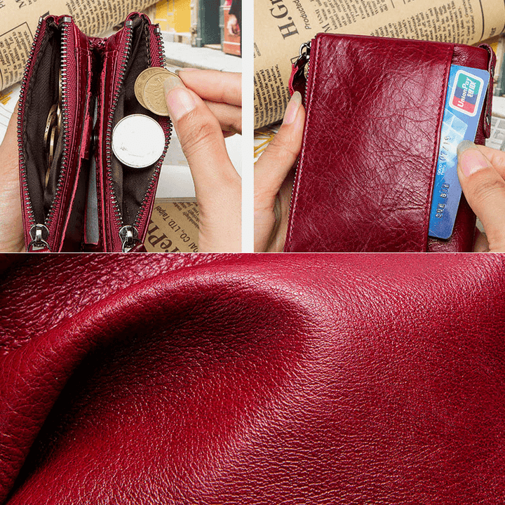 Genuine Leather Multifunction Multi-Slot Double Zipper Casual Brief Solid Color Card Holder Wallet - MRSLM