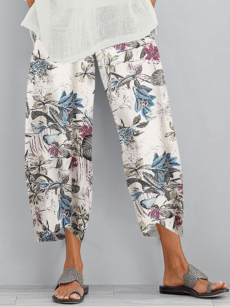 Retro Floral Print Elastic Waist Irregular Hem Pocket Casual Pants for Women - MRSLM