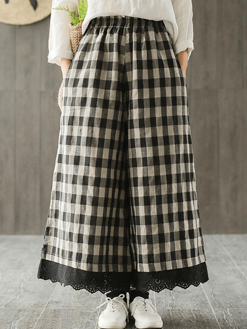 Wide Leg Women Plaid Elastic Waist Pockets Pants - MRSLM