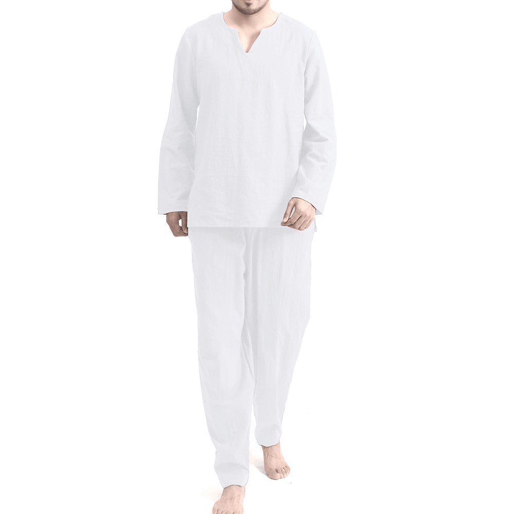 TWO-SIDED Mens Cotton Comfy Soft Solid Color Long Sleeve Sleepwear Set Yoga Pajamas Set - MRSLM