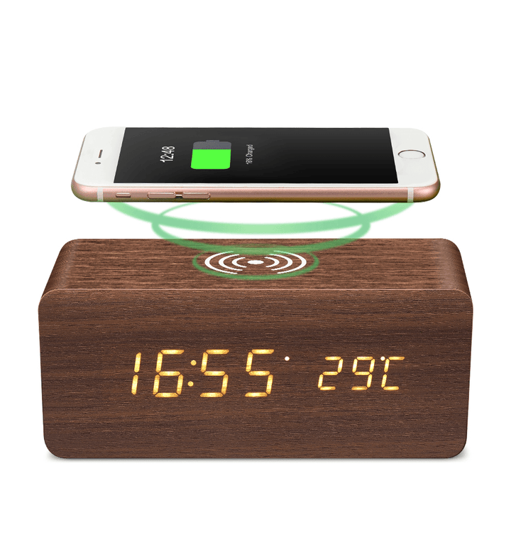 Digoo DG-AC80 LED 12/24 Hour Adjustable Display Wooden Clock Wirless Charging Voice Control Alarm Cl - MRSLM