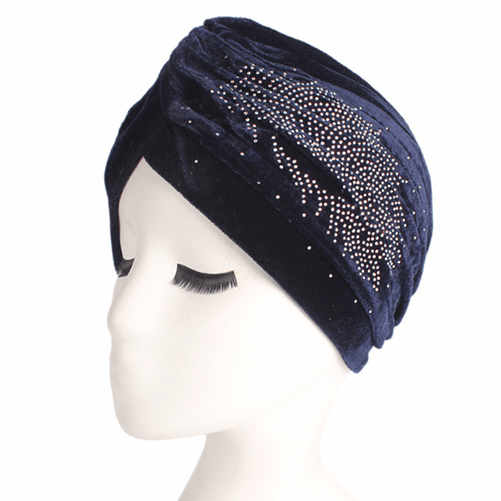 Womens Pleuche Skullies Beanies Thin Bonnet Cap Autumn Casual Diamond Beanies Hat Turban - MRSLM