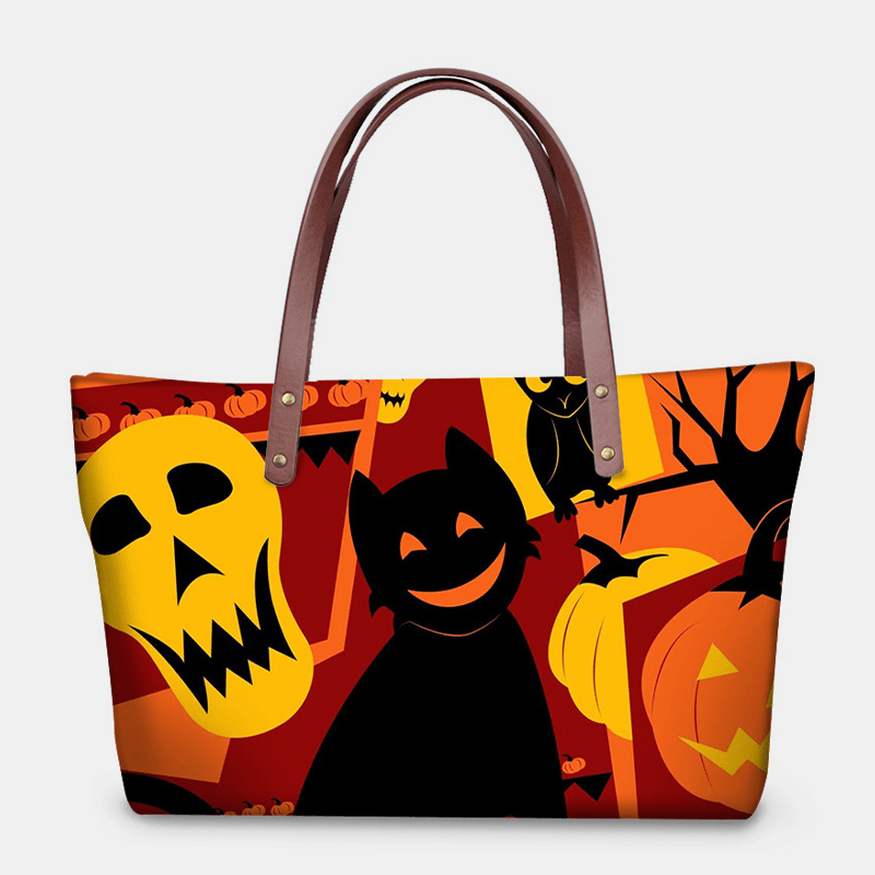 Women PU Leather Neoprene Halloween Style Pumpkin Skull Festival Pattern Large Capacity Mom Bag Student Bag Shoulder Bag Handbag - MRSLM