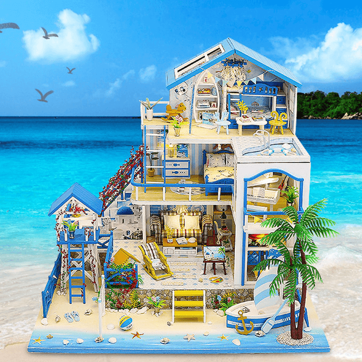 Wooden DIY Beach Villa Doll House Miniature Kit Handmade Assemble Toy with LED Light for Birthday Gift Collection Home Decor - MRSLM