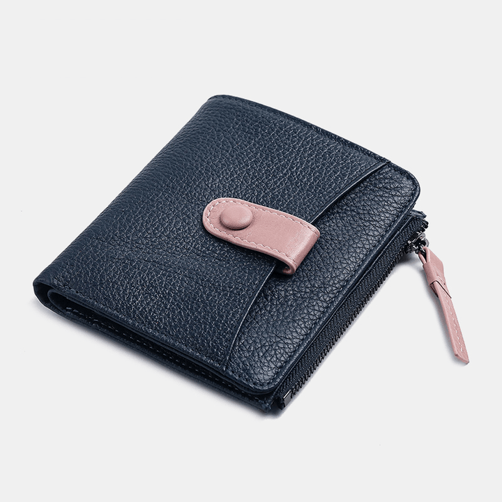 Women Genuine Leather Bifold Hasp Zipper Multifunction Coin Purse Money Clip Short Wallet - MRSLM