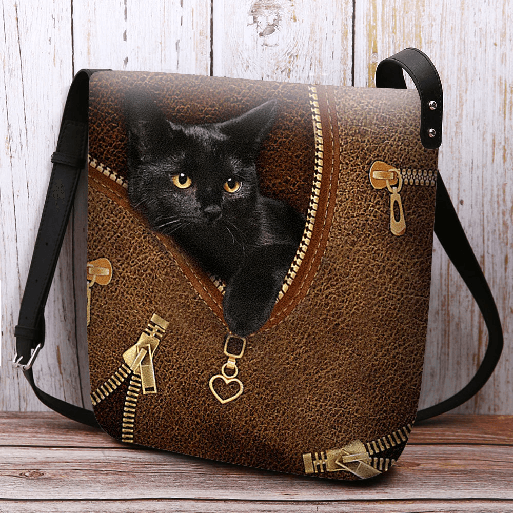 Women Felt Casual Cute 3D Cartoon Black Cat Printing Pattern Crossbody Bag Shoulder Bag - MRSLM