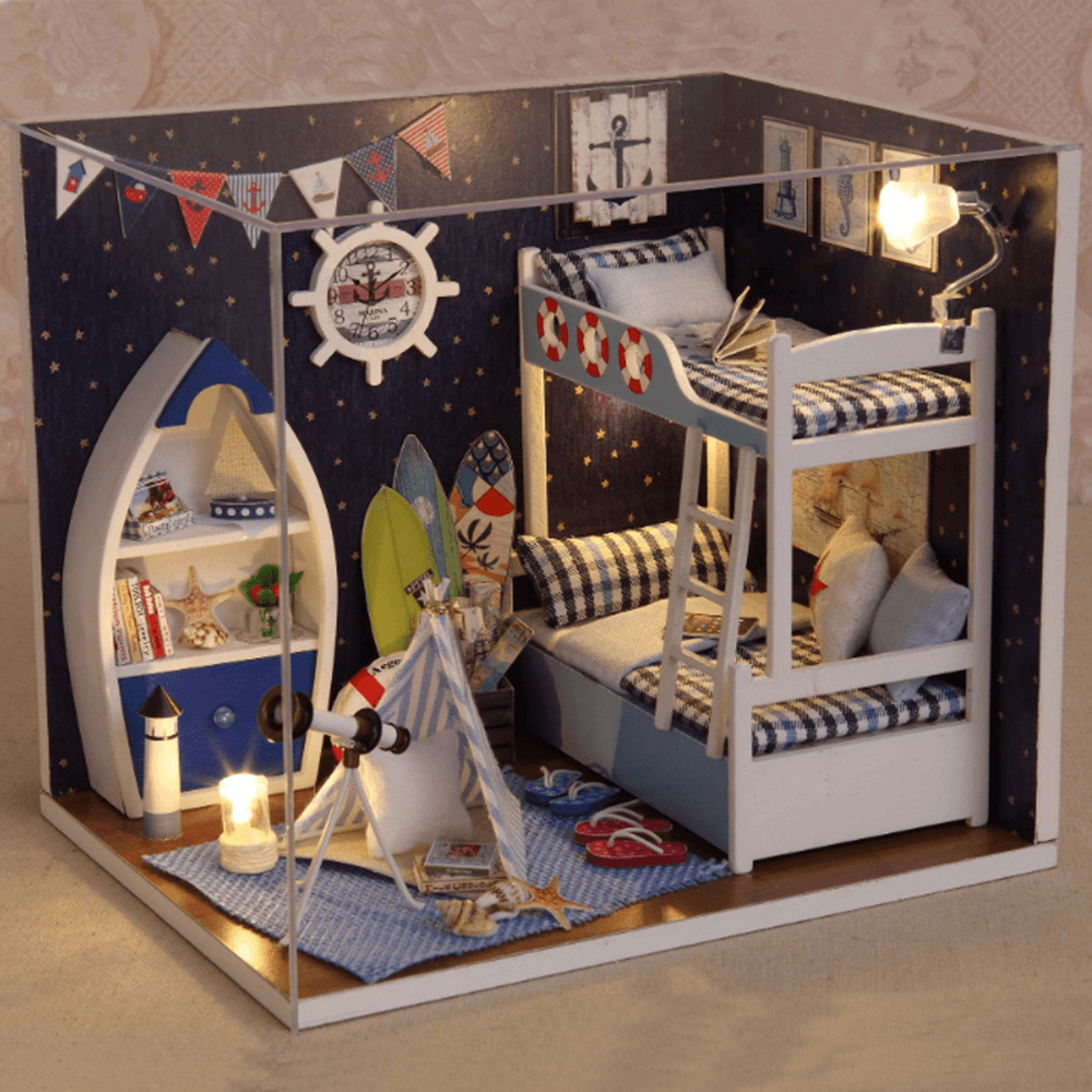 Creative Room DIY Handmade Assembly Doll House Miniature Furniture Kit with LED Light Dust Proof Cover Toy for Kids Birthday Gift Home Decoration Collection - MRSLM