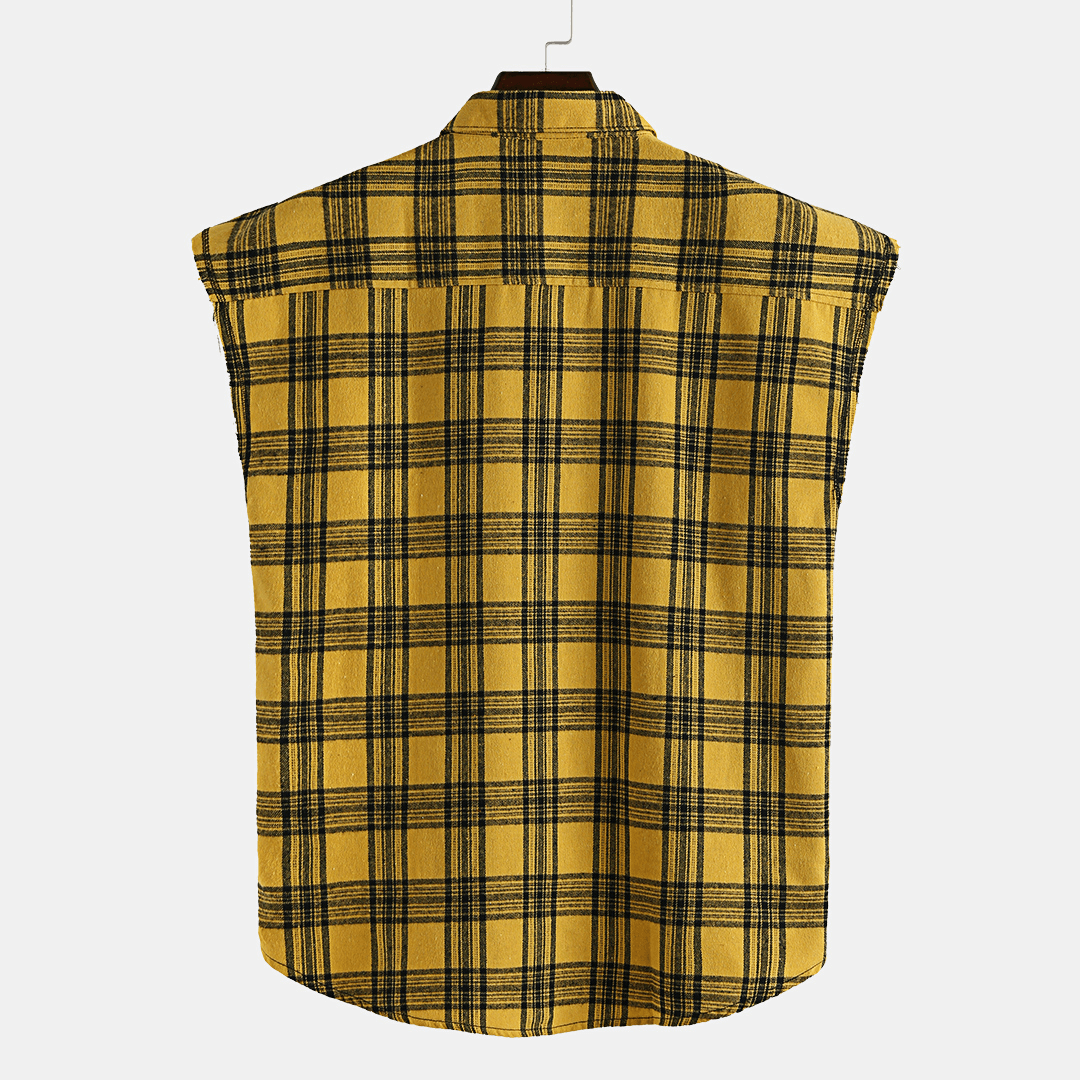 Men Plaid Sleeveless Lapel Loose Shirts - MRSLM