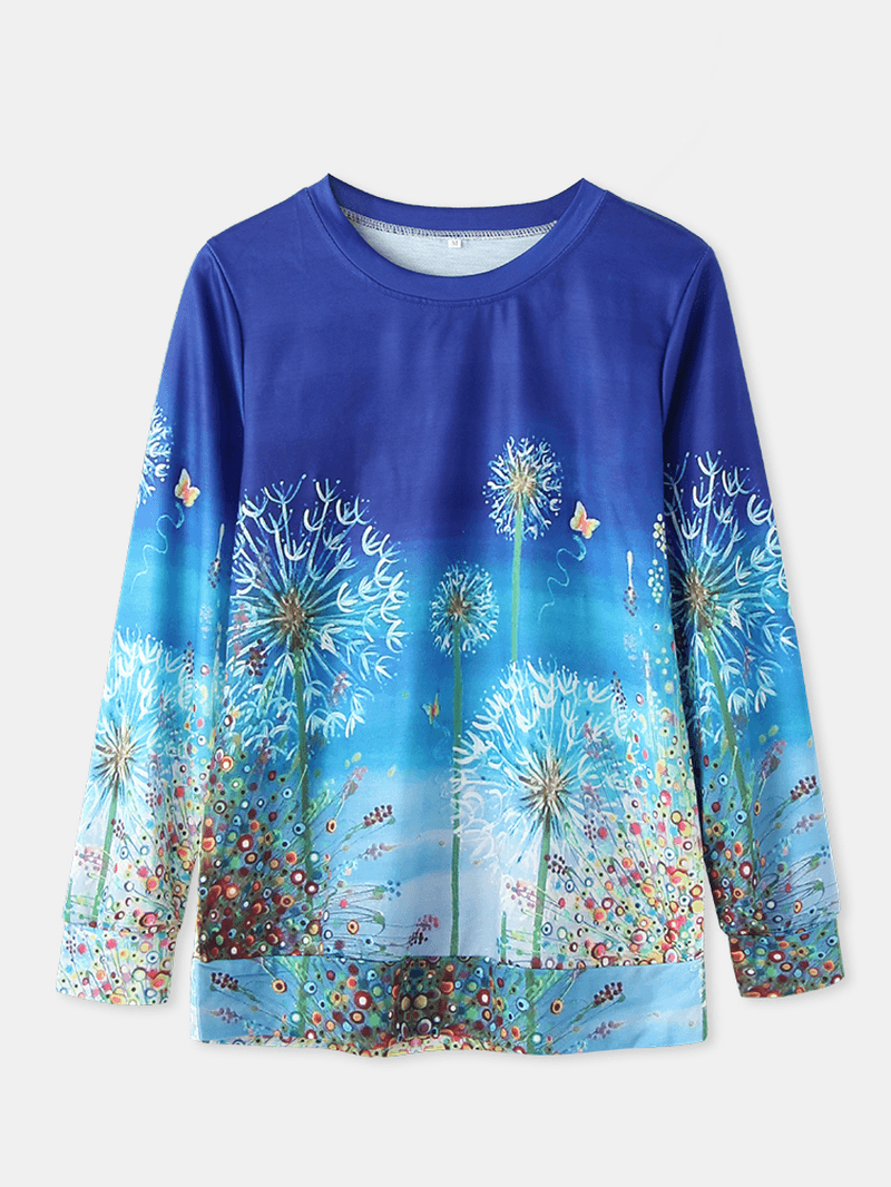 Women Flower Printed Ombre Long Sleeve O-Neck Daily T-Shirt - MRSLM