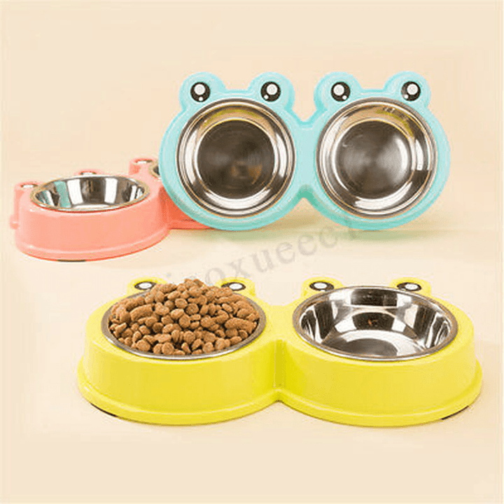 3Colors Frog Shape Pet Bowl Food Water Container Stainless Steel Dog Cat Feeder - MRSLM