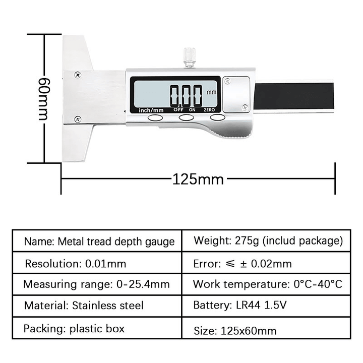 0.01Mm Digital Tread Depth Gauge 0-25Mm LCD Stainless Steel Tyre Tread Depth Gauge Caliper Tread Ruler Metric/Inch Interchange - MRSLM