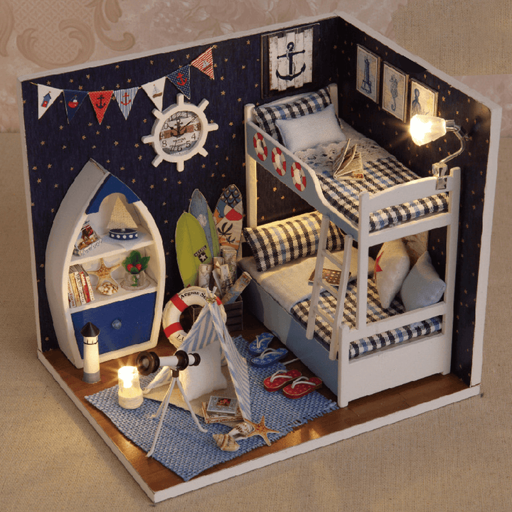 Cute Room Wooden DIY Handmade Assemble Miniature Doll House Kit Toy with LED Light Dust Cover for Gift Collection - MRSLM