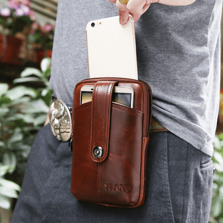 Men Genuine Leather Retro Multifunction 6 Inch Phone Bag Crossbody Bag Waist Bag - MRSLM