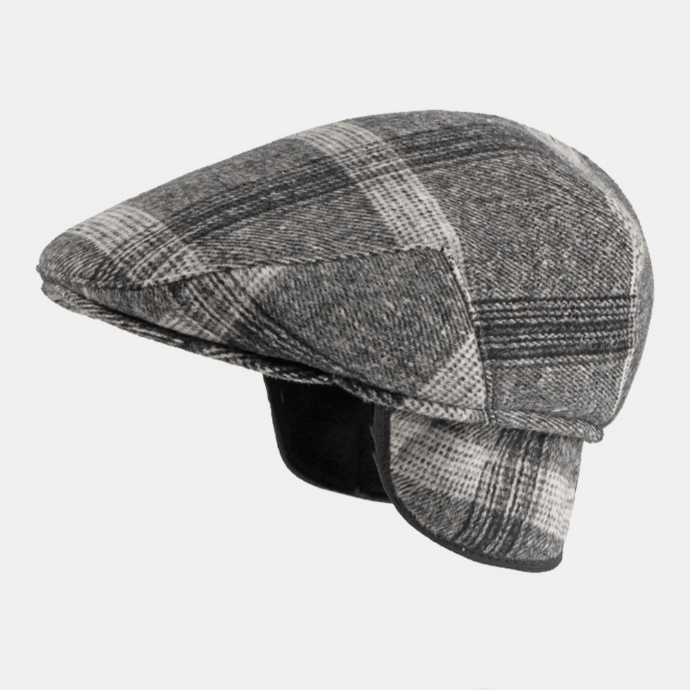 Men Felt Ear Protection Winter Outdoor Plaid Pattern Warm Universal Beret Hat Forward Hat - MRSLM