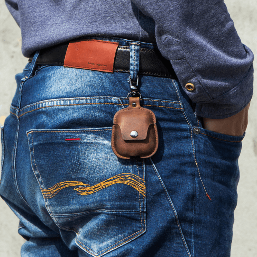 Men Genuine Leather Retro Crazy Horse Leather Bluetooth Headset Holster Headset Set Earphone Storage Case - MRSLM