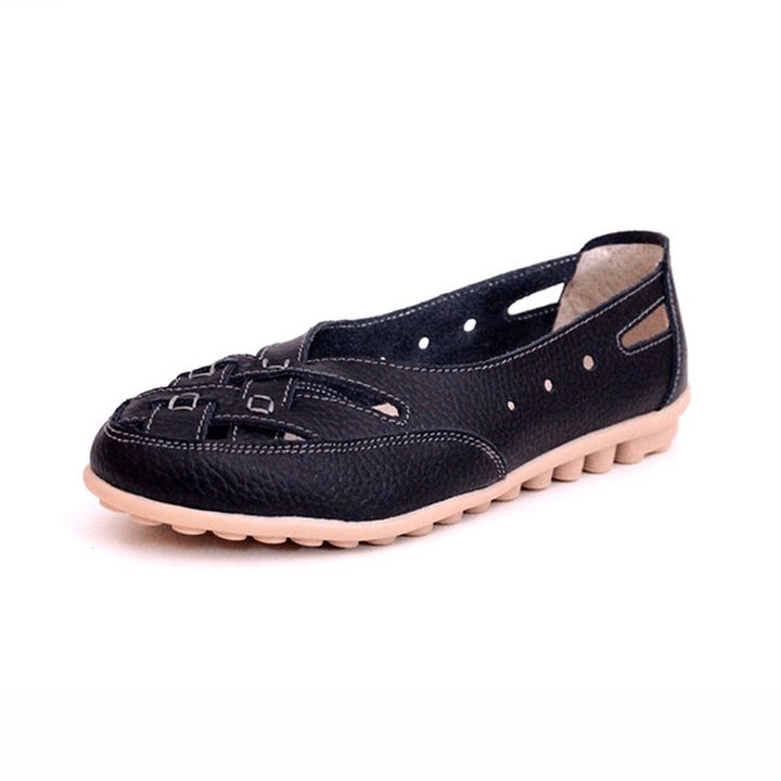 Women Summer Flat Casual Outdoor Hollow Out Leather Soft Comfortable Flat Loafers Shoes - MRSLM