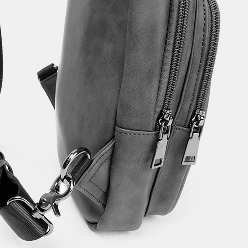 Men Solid Color Headphone Hole Design Multi-Pocket Chest Bag Casual Outdoor PU Soft Leather Wear Resistant Crossbody Bags Shoulder Bag - MRSLM