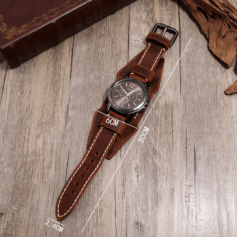 Deffrun Retro Style Decorative Three Dial Quartz Watch Cowhide Leather Band Men Wrist Watch - MRSLM