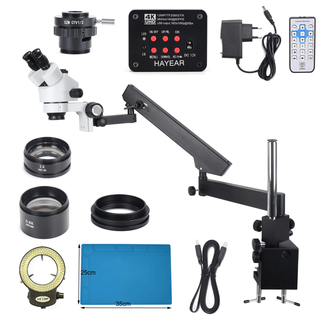 HAYEAR 3.5X-90X Articulating Arm Pillar Clamp Zoom Simul Focal Trinocular Stereo Microscope+4K HDMI Microscope Camera for Industrial PCB - MRSLM