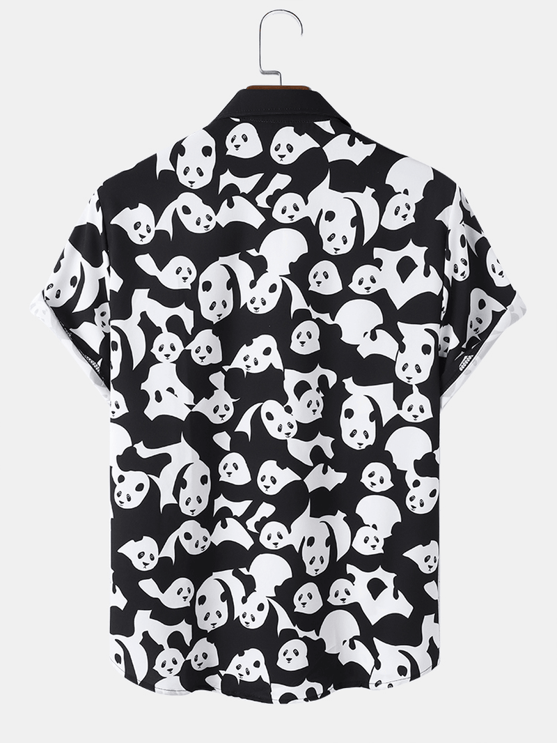 Mens Cartoon Panda Print Color Contrast Short Sleeve Shirt - MRSLM