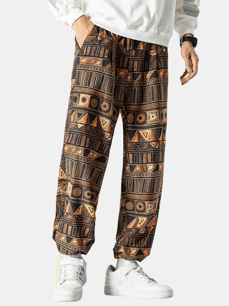 Mens Corduroy Ethnic Style Print Drawstring Casual Pants - MRSLM