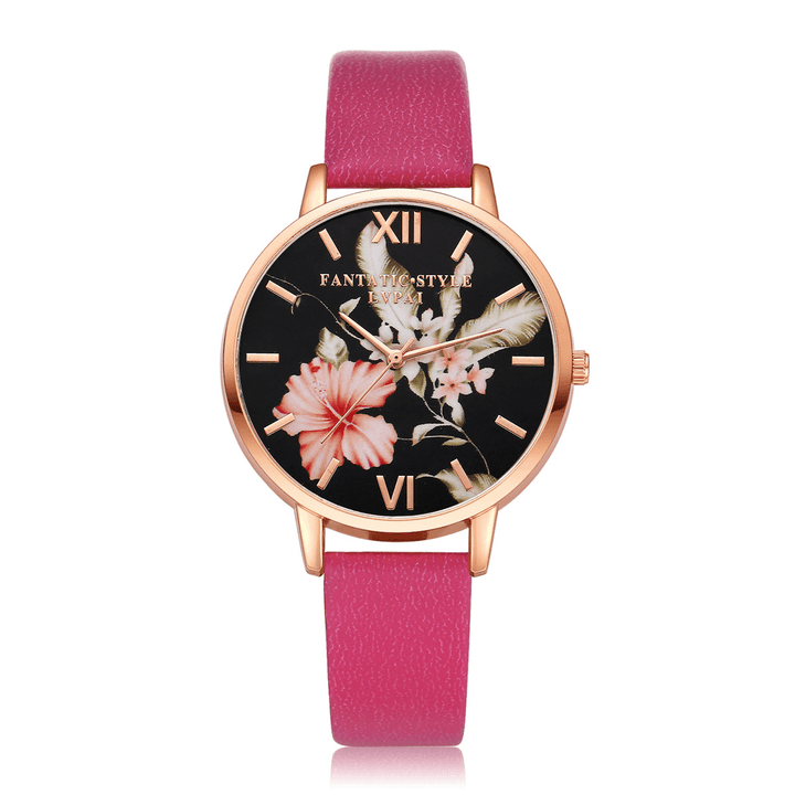 LVPAI Fashion Flower Pattern PU Leather Strap Womenwrist Watch Ladies Dress Quartz Watch - MRSLM