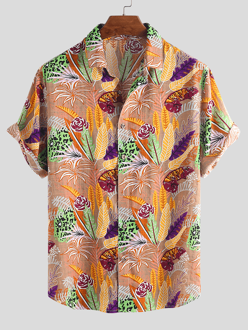 Men Hawaiian Colorful Leaf Printed Short Sleeve Loose Shirts - MRSLM