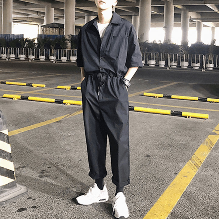 Men Solid Color Chest Pocket Drawstring Half Sleeve Rompers Pants - MRSLM